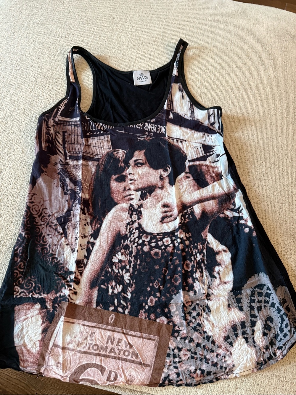 SW3 Bespoke Viscose Blend Black and Beige Photo-Print Tank Top Size Small